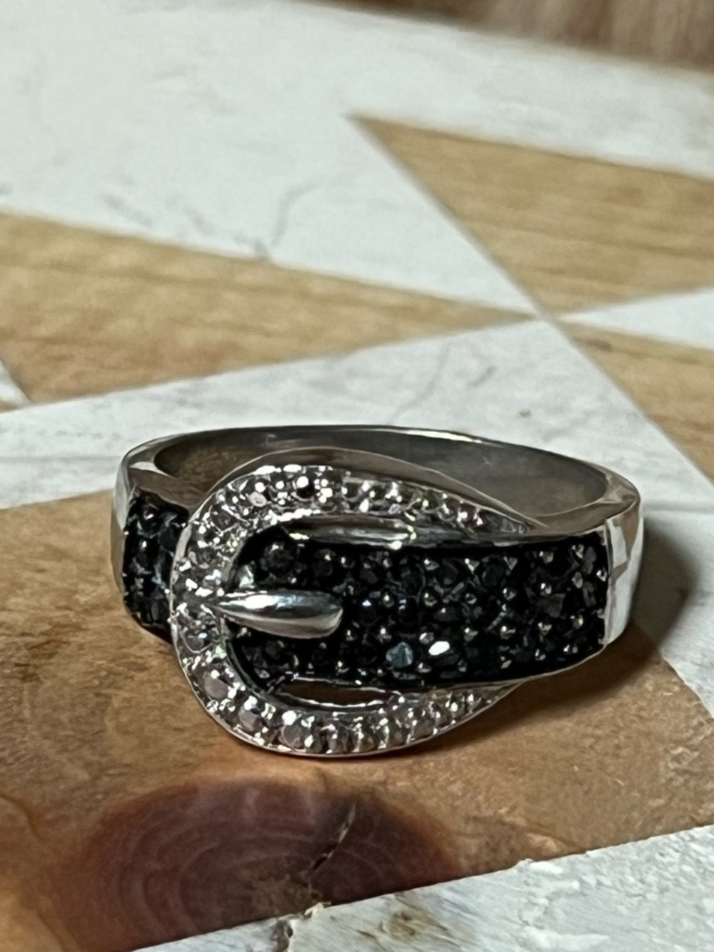 Sterling Silver Buckle Ring with Black and white diamonds